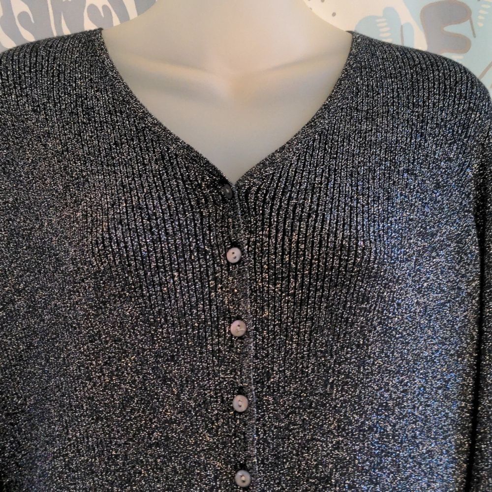 Petite Sophisticate Charcoal Grey + Silver Silk Blend Cardigan Sweater Sz M - Picture 2 of 9